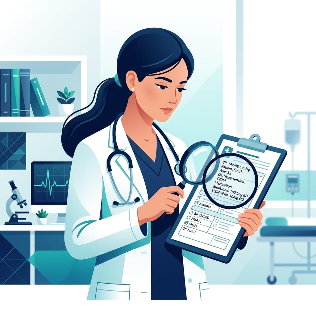 Clean layout of a doctor's study table with textbooks, stethoscope, and exam answer sheets