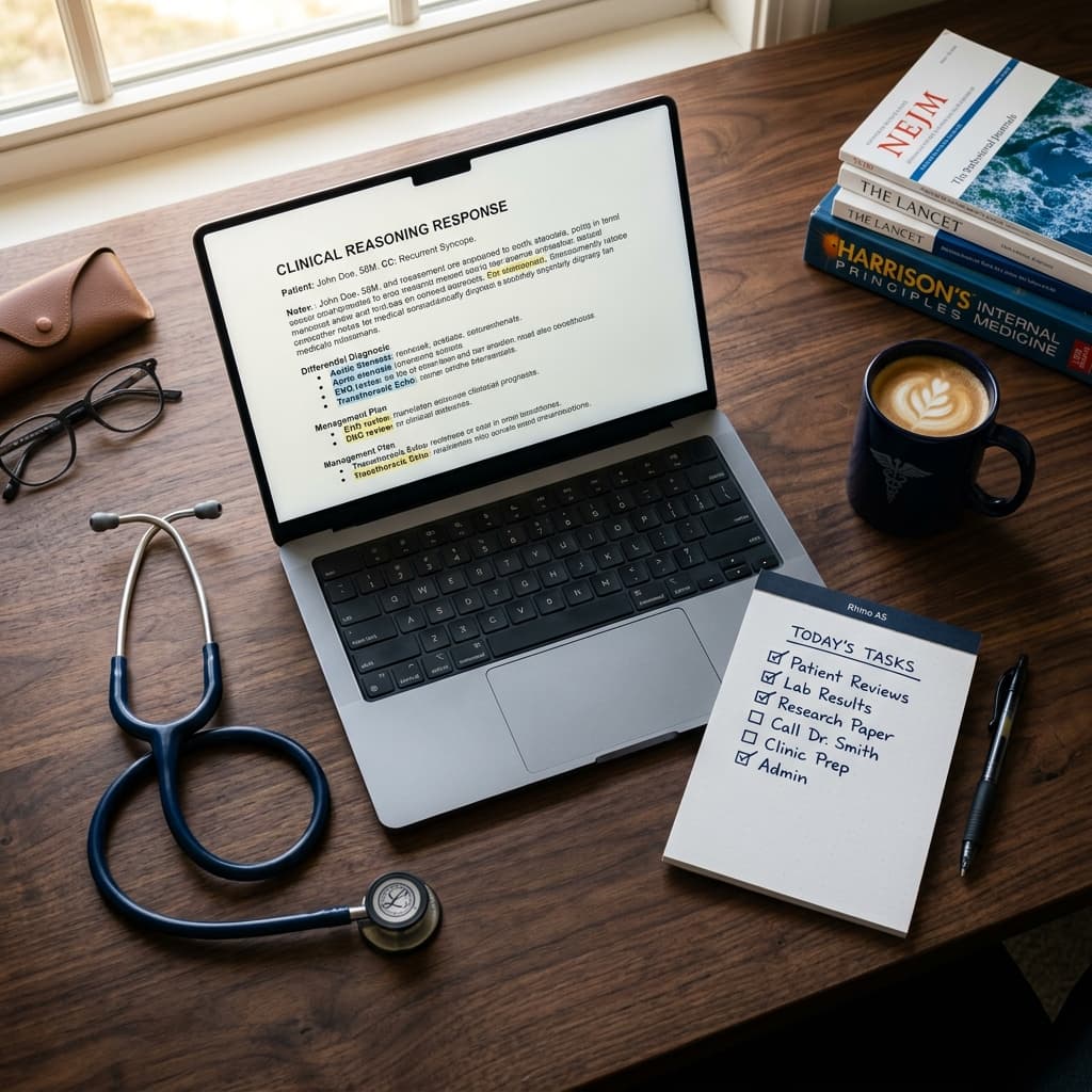 Clean layout of a doctor's study table with textbooks, stethoscope, and exam answer sheets