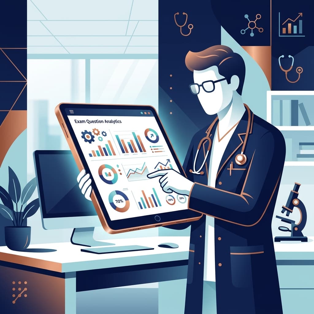 Clean modern layout of a doctor's study table with stethoscope, laptop, and question bank performance analytics