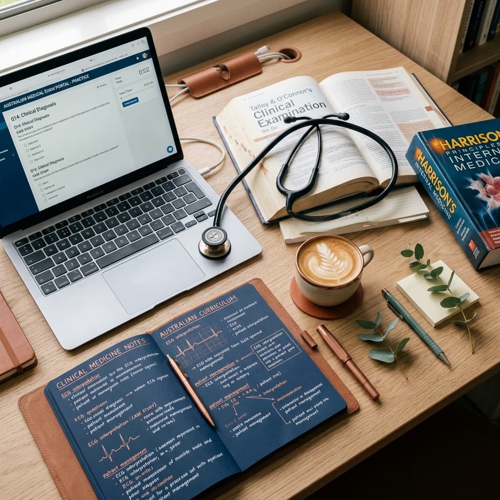 Study desk with medical textbooks, stethoscope and laptop showing exam practice