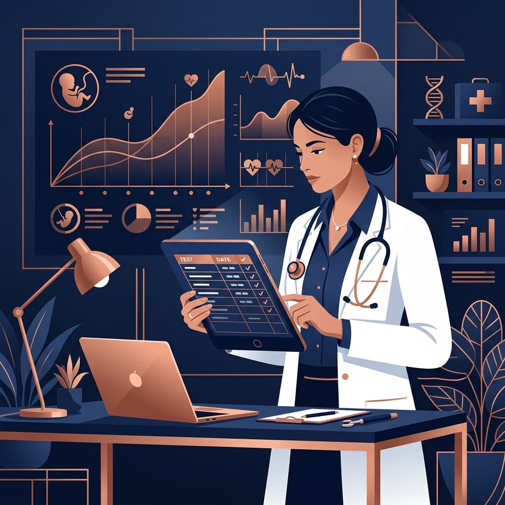 Clean modern layout of a doctor's study table with stethoscope, laptop, and women's health clinical checklist