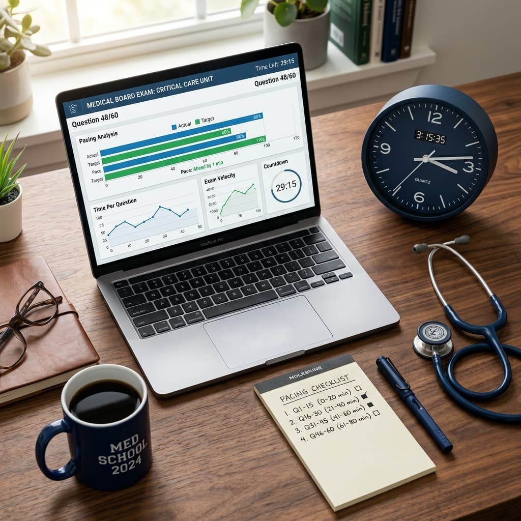 Sleek study layout with a premium circular clock and a laptop showing exam pacing charts