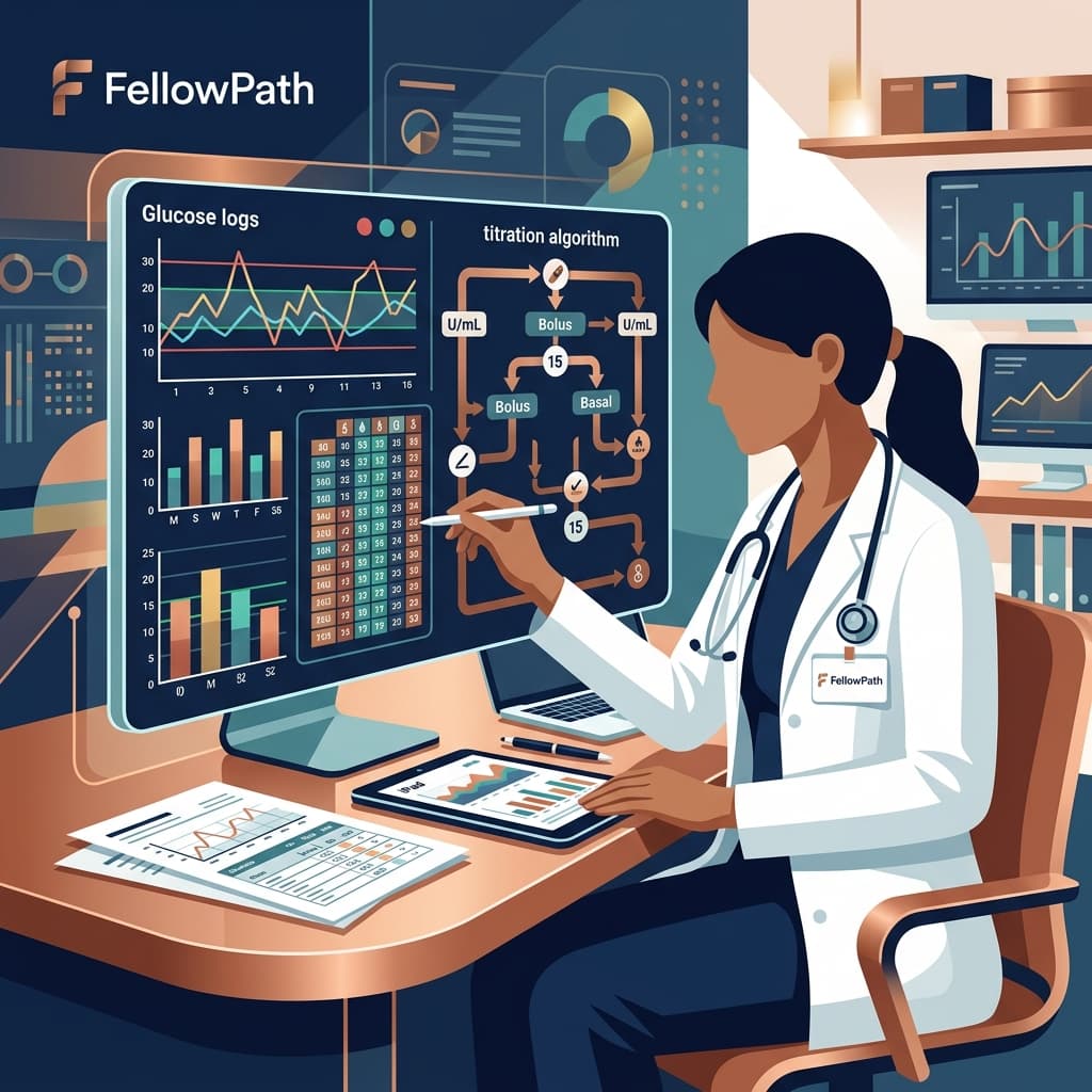 Clean modern layout of a doctor's study table with stethoscope, laptop, and diabetes blood glucose clinical charts
