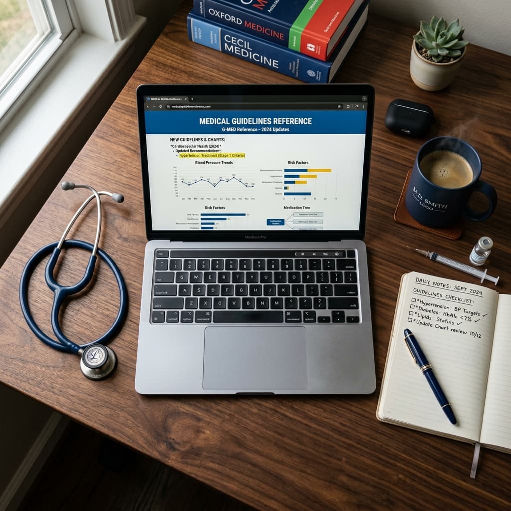 Modern desk flat-lay showing digital medical guidelines with highlighted text and charts