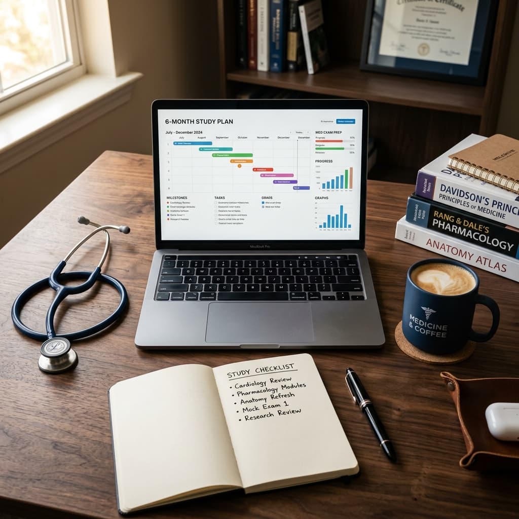 Modern desk flat-lay displaying a 6-month study calendar, stethoscope, and progress charts