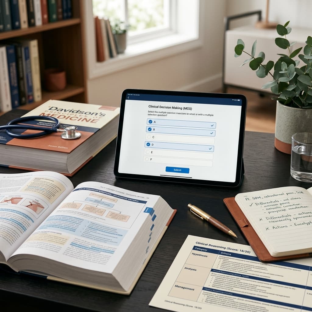 Clinical decision-making scenario with scoring rubric and medical reference materials
